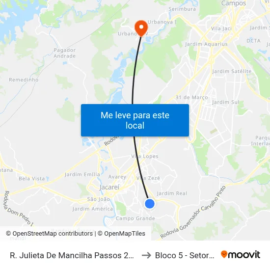 R. Julieta De Mancilha Passos 23-43 - Jardim Novo Amanhecer Jacareí - SP 12316-570 Brasil to Bloco 5 - Setores Administrativos Fve / Univap map