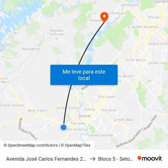 Avenida José Carlos Fernandes 247-307 - Jardim Terras De São João Jacareí - SP 12324-784 Brasil to Bloco 5 - Setores Administrativos Fve / Univap map