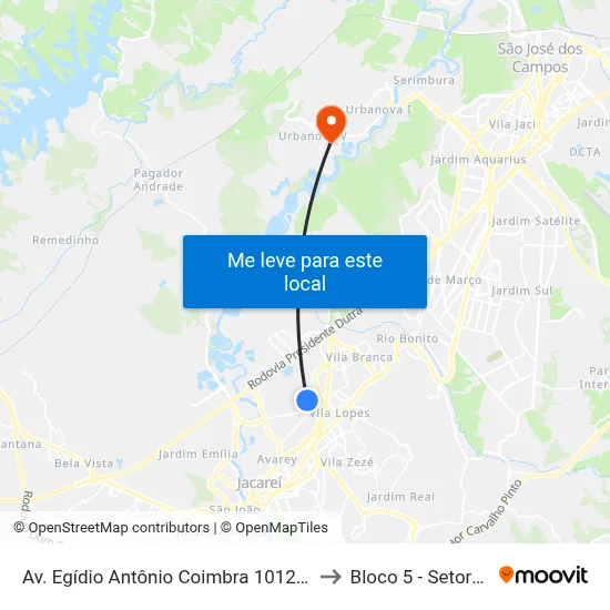Av. Egídio Antônio Coimbra 1012-1068 - Res. Parque Dos Sinos Jacareí - SP 12328-513 Brasil to Bloco 5 - Setores Administrativos Fve / Univap map