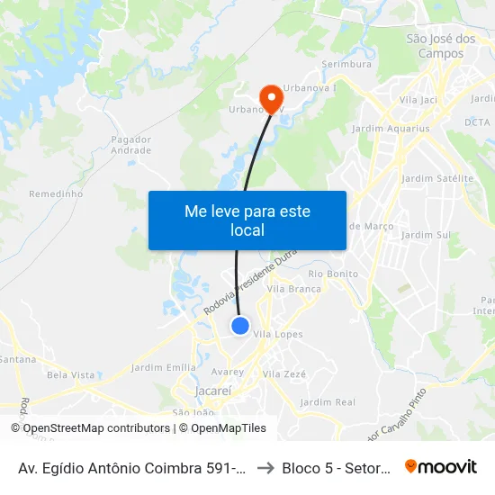 Av. Egídio Antônio Coimbra 591-649 - Res. Parque Dos Sinos Jacareí - SP 12328-513 Brasil to Bloco 5 - Setores Administrativos Fve / Univap map