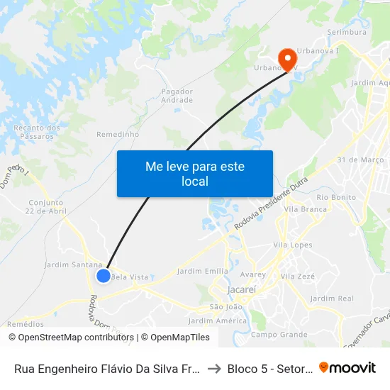 Rua Engenheiro Flávio Da Silva Freitas 1010-1026 - Chácaras Reunidas Igarapes Jacareí - SP Brasil to Bloco 5 - Setores Administrativos Fve / Univap map