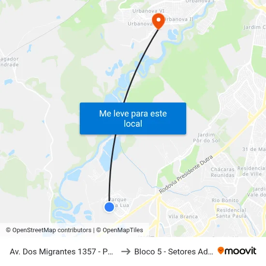 Av. Dos Migrantes 1357 - Parque Meia Lua Jacareí - SP Brasil to Bloco 5 - Setores Administrativos Fve / Univap map