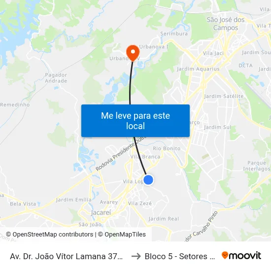 Av. Dr. João Vítor Lamana 375-413 - Parque California Jacareí - SP Brasil to Bloco 5 - Setores Administrativos Fve / Univap map