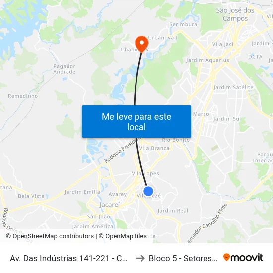Av. Das Indústrias 141-221 - Conj. São Benedito Jacareí - SP 12310-470 Brasil to Bloco 5 - Setores Administrativos Fve / Univap map