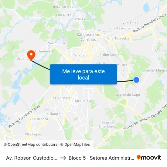 Av. Robson Custodio Machado, 100 to Bloco 5 - Setores Administrativos Fve / Univap map