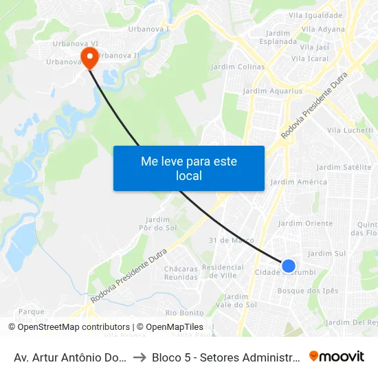 Av. Artur Antônio Dos Santos, 523 to Bloco 5 - Setores Administrativos Fve / Univap map