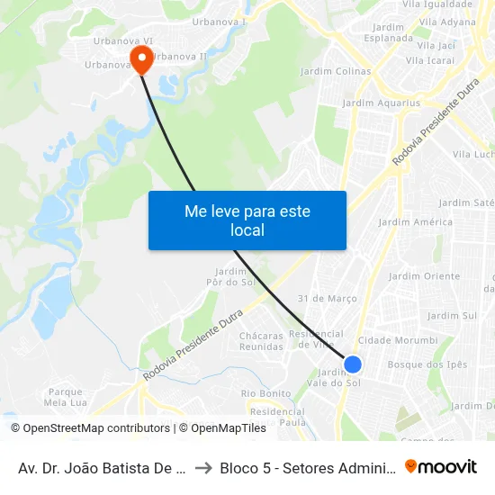 Av. Dr. João Batista De Souza Soares, 3569 to Bloco 5 - Setores Administrativos Fve / Univap map