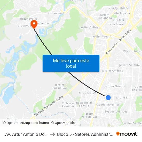 Av. Artur Antônio Dos Santos, 323 to Bloco 5 - Setores Administrativos Fve / Univap map