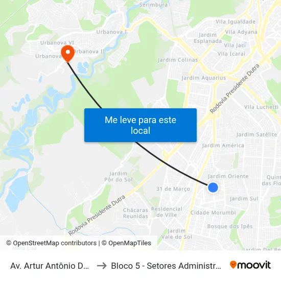 Av. Artur Antônio Dos Santos, 06 to Bloco 5 - Setores Administrativos Fve / Univap map