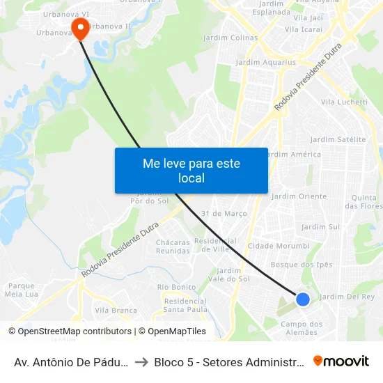 Av. Antônio De Pádua Santos, 150 to Bloco 5 - Setores Administrativos Fve / Univap map