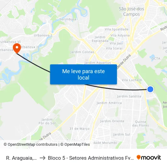 R. Araguaia, 674 to Bloco 5 - Setores Administrativos Fve / Univap map