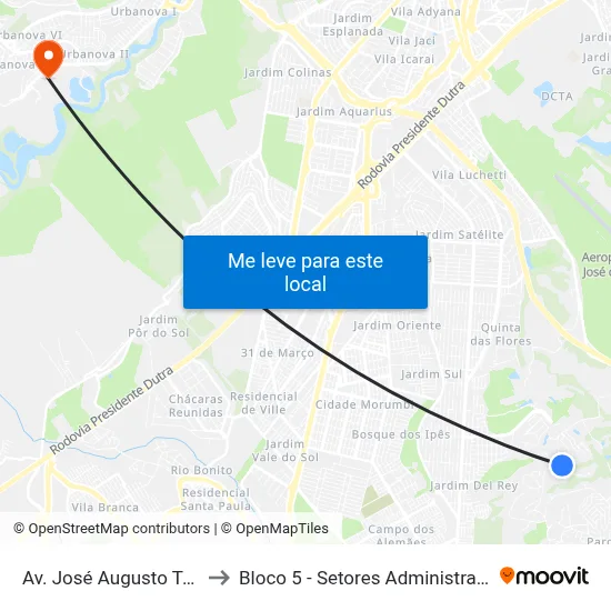 Av. José Augusto Teixeira, 2020 to Bloco 5 - Setores Administrativos Fve / Univap map