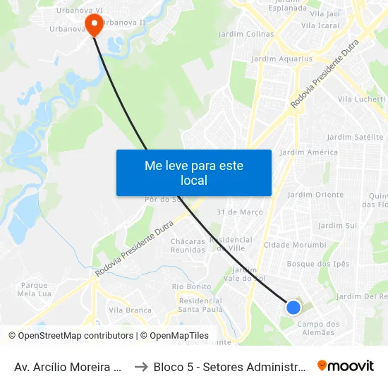 Av. Arcílio Moreira Da Silva, S/Nº to Bloco 5 - Setores Administrativos Fve / Univap map