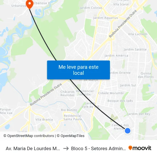 Av. Maria De Lourdes Medeiros De Assis, 222 to Bloco 5 - Setores Administrativos Fve / Univap map