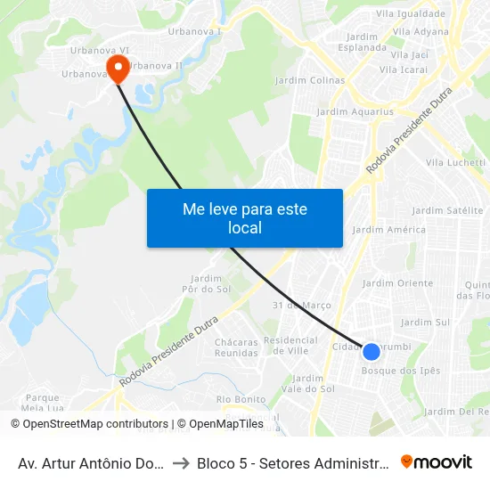 Av. Artur Antônio Dos Santos, 742 to Bloco 5 - Setores Administrativos Fve / Univap map