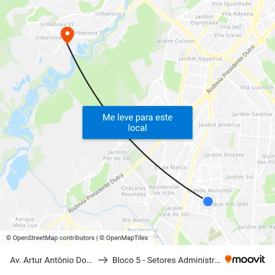 Av. Artur Antônio Dos Santos, 1098 to Bloco 5 - Setores Administrativos Fve / Univap map