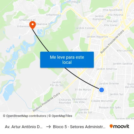 Av. Artur Antônio Dos Santos, 54 to Bloco 5 - Setores Administrativos Fve / Univap map