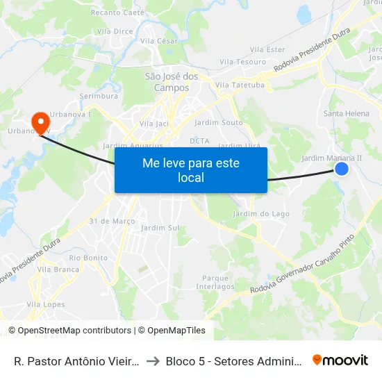 R. Pastor Antônio Vieira De Santana, 127 to Bloco 5 - Setores Administrativos Fve / Univap map