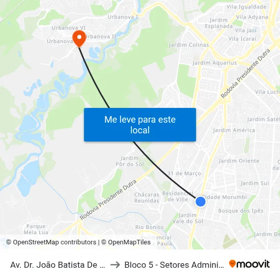 Av. Dr. João Batista De Souza Soares, 3295 to Bloco 5 - Setores Administrativos Fve / Univap map