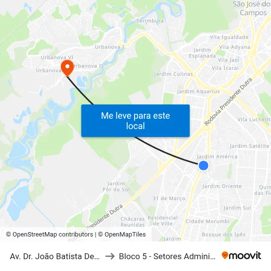 Av. Dr. João Batista De Souza Soares, 431 to Bloco 5 - Setores Administrativos Fve / Univap map