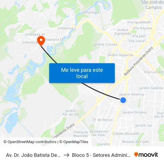 Av. Dr. João Batista De Souza Soares, 930 to Bloco 5 - Setores Administrativos Fve / Univap map