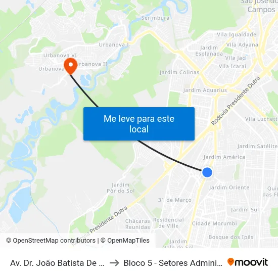Av. Dr. João Batista De Souza Soares, 1180 to Bloco 5 - Setores Administrativos Fve / Univap map