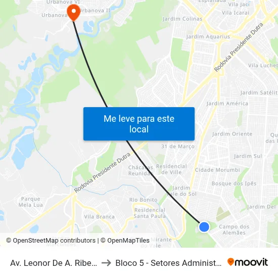 Av. Leonor De A. Ribeiro Souto, 1037 to Bloco 5 - Setores Administrativos Fve / Univap map
