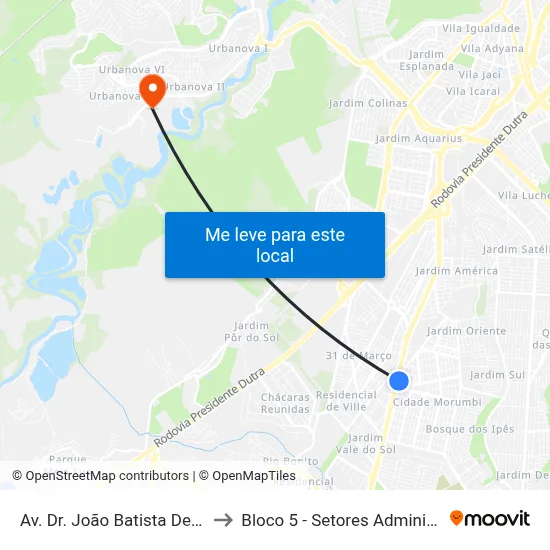 Av. Dr. João Batista De Souza Soares, 100 to Bloco 5 - Setores Administrativos Fve / Univap map
