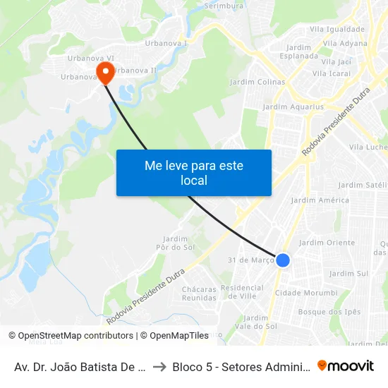 Av. Dr. João Batista De Souza Soares, 2699 to Bloco 5 - Setores Administrativos Fve / Univap map