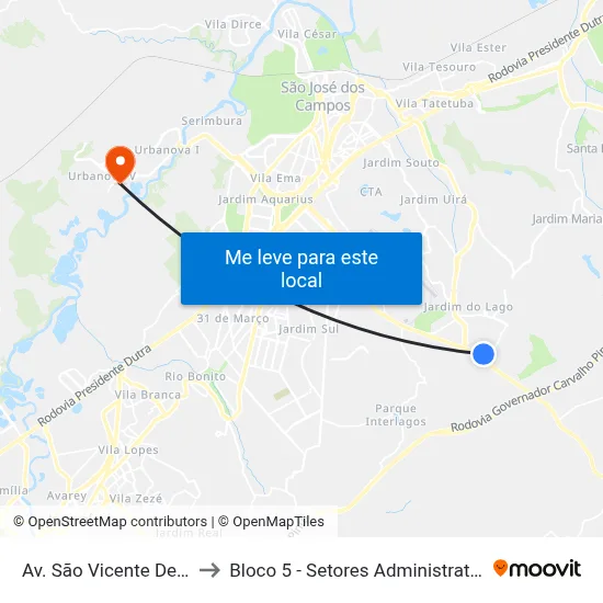 Av. São Vicente De Paulo, 104 to Bloco 5 - Setores Administrativos Fve / Univap map