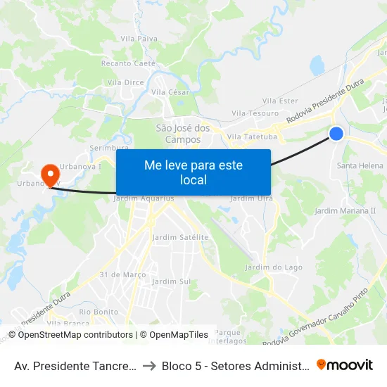 Av. Presidente Tancredo Neves, 1030 to Bloco 5 - Setores Administrativos Fve / Univap map