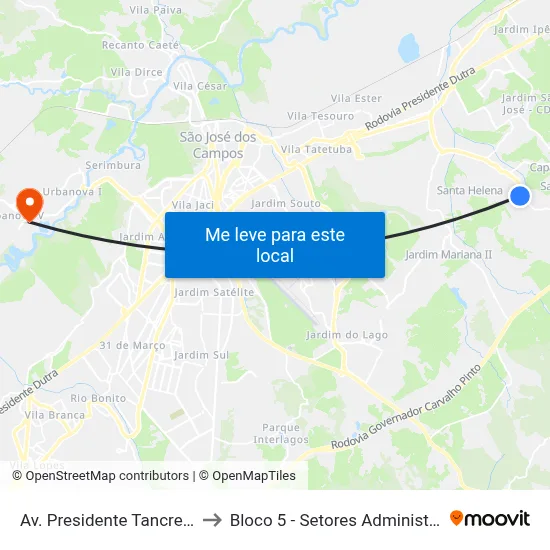 Av. Presidente Tancredo Neves, 1082 to Bloco 5 - Setores Administrativos Fve / Univap map