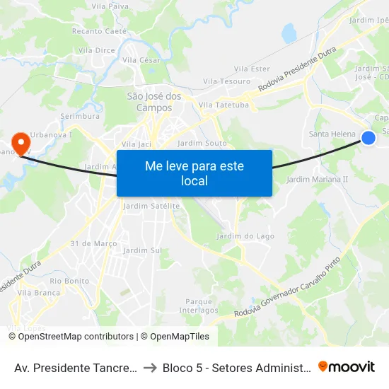 Av. Presidente Tancredo Neves, 1100 to Bloco 5 - Setores Administrativos Fve / Univap map