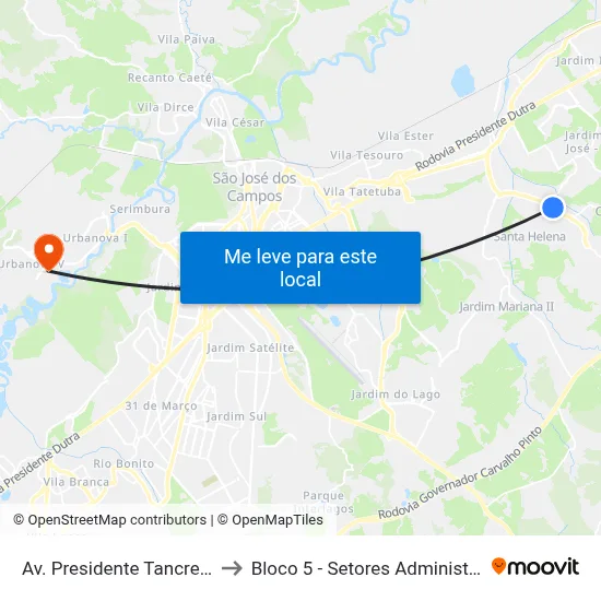 Av. Presidente Tancredo Neves, 3400 to Bloco 5 - Setores Administrativos Fve / Univap map