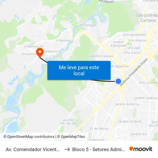 Av. Comendador Vicente De Paulo Penido, 564 to Bloco 5 - Setores Administrativos Fve / Univap map