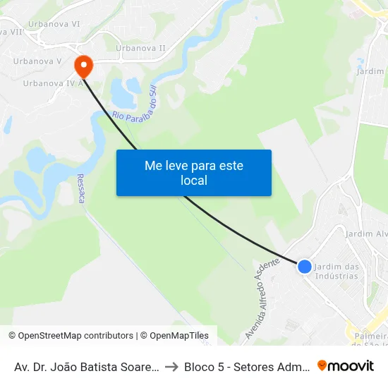 Av. Dr. João Batista Soares De Queiroz Júnior, 2047 to Bloco 5 - Setores Administrativos Fve / Univap map