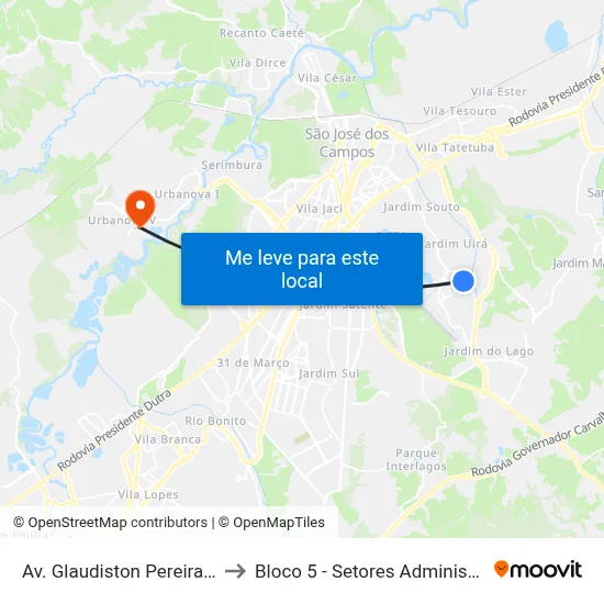 Av. Glaudiston Pereira De Oliveira, 555 to Bloco 5 - Setores Administrativos Fve / Univap map