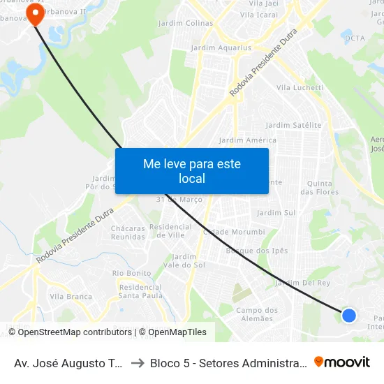 Av. José Augusto Teixeira, 5000 to Bloco 5 - Setores Administrativos Fve / Univap map