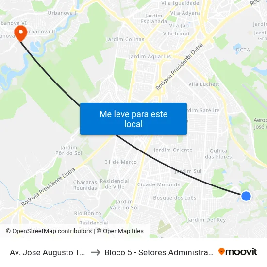 Av. José Augusto Teixeira, 1131 to Bloco 5 - Setores Administrativos Fve / Univap map