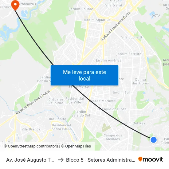 Av. José Augusto Teixeira, 4690 to Bloco 5 - Setores Administrativos Fve / Univap map