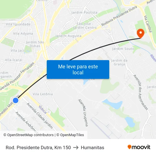 Rod. Presidente Dutra, Km 150 to Humanitas map