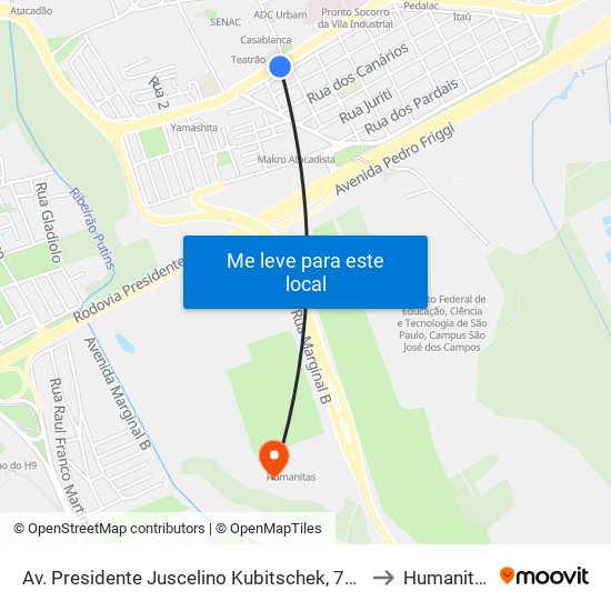 Av. Presidente Juscelino Kubitschek, 7420 to Humanitas map