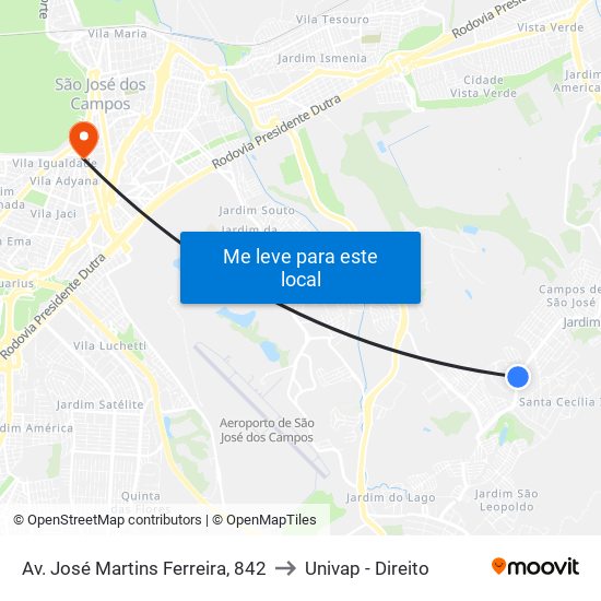 Av. José Martins Ferreira, 842 to Univap - Direito map