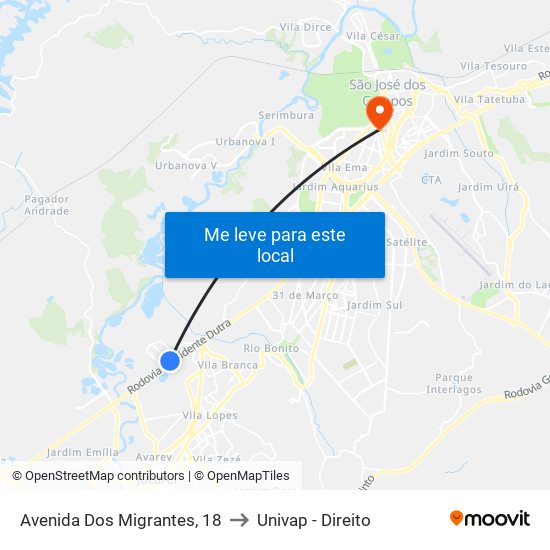 Avenida Dos Migrantes, 18 to Univap - Direito map