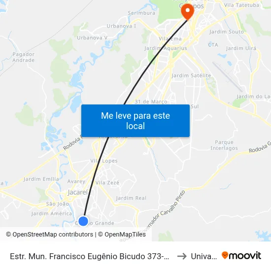 Estr. Mun. Francisco Eugênio Bicudo 373-619 - Jardim Colinas Jacareí - SP 12319-010 Brasil to Univap - Direito map