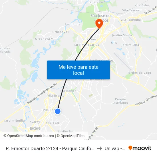 R. Ernestor Duarte 2-124 - Parque California Jacareí - SP Brasil to Univap - Direito map