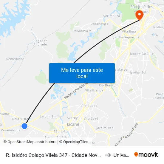 R. Isidóro Colaço Vilela 347 - Cidade Nova Jacareí Jacareí - SP 12325-280 Brasil to Univap - Direito map
