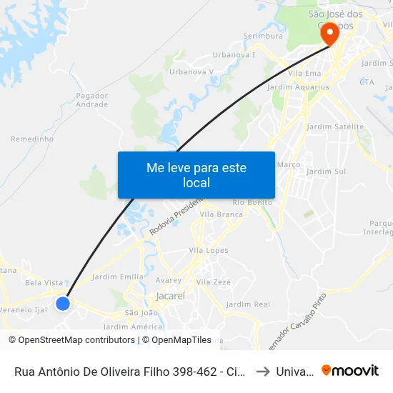 Rua Antônio De Oliveira Filho 398-462 - Cidade Nova Jacareí Jacareí - SP 12325-160 Brasil to Univap - Direito map
