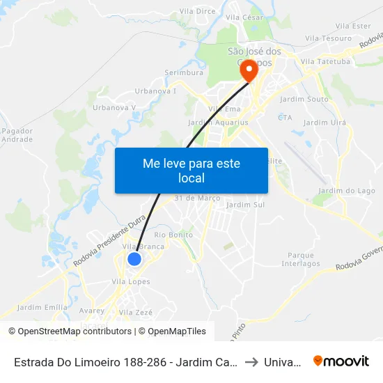 Estrada Do Limoeiro 188-286 - Jardim Califórnia Jacareí - SP 12305-810 Brasil to Univap - Direito map