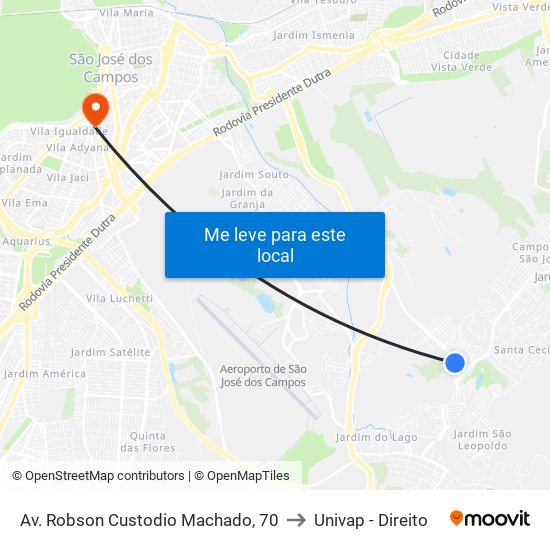 Av. Robson Custodio Machado, 70 to Univap - Direito map